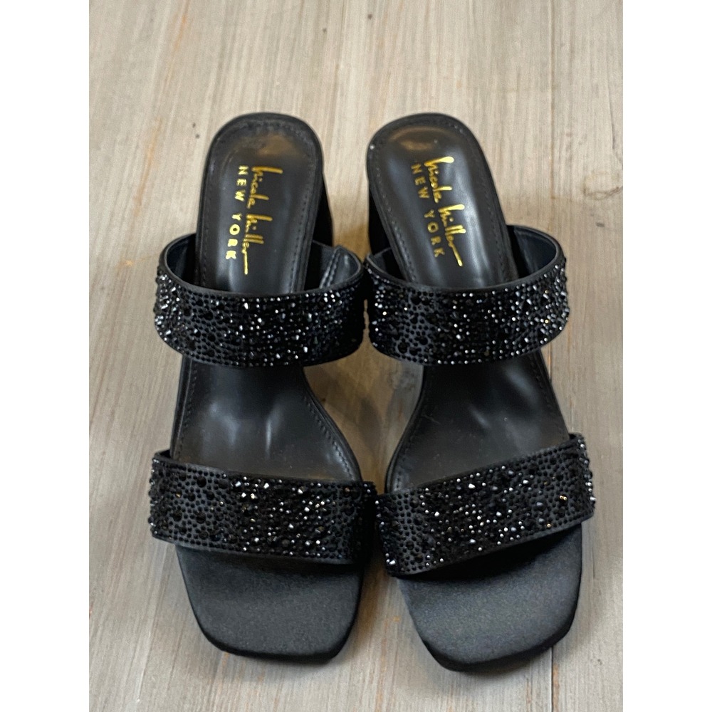 Nicole Miller New York Black Rhinestone Double Strap Block Heel Sandals 7.5